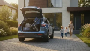 Voiture électrique familiale garée devant une maison, hayon ouvert sur un grand coffre avec bagages