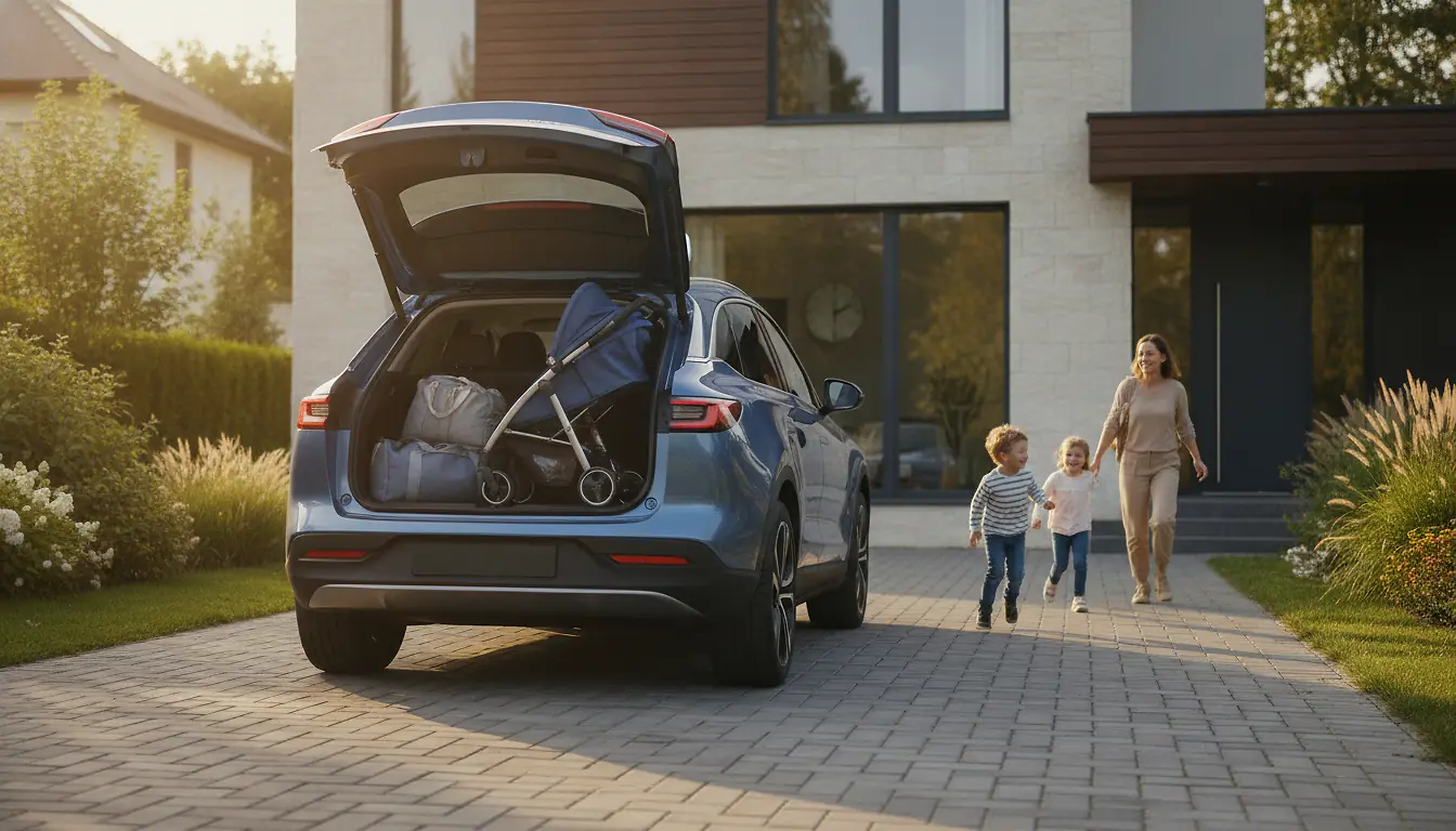 Voiture électrique familiale garée devant une maison, hayon ouvert sur un grand coffre avec bagages