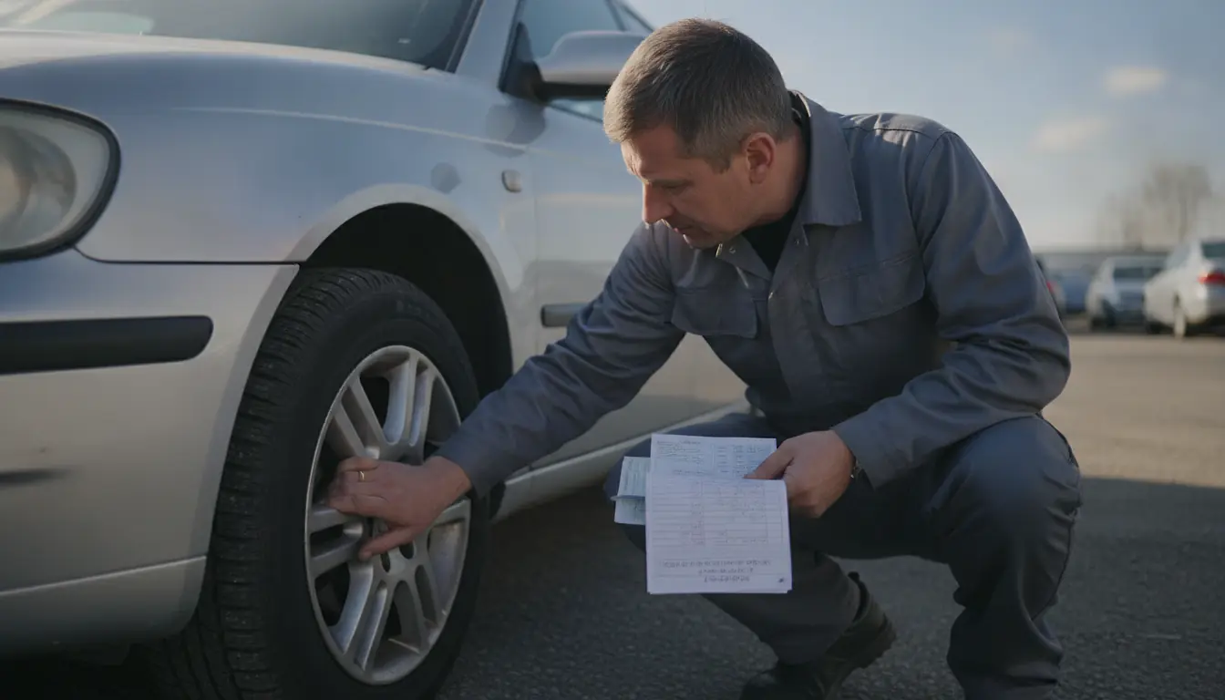 Homme accroupi près d'une voiture d'occasion sur un parking, inspectant un pneu avec une carte grise et une checklist en main