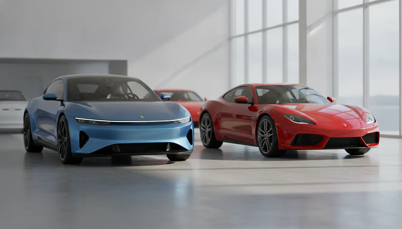 Voiture électrique et voiture thermique garées côte à côte dans un showroom automobile lumineux