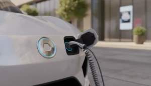 Voiture hybride moderne garée en ville, gros plan sur la carrosserie et la prise de recharge