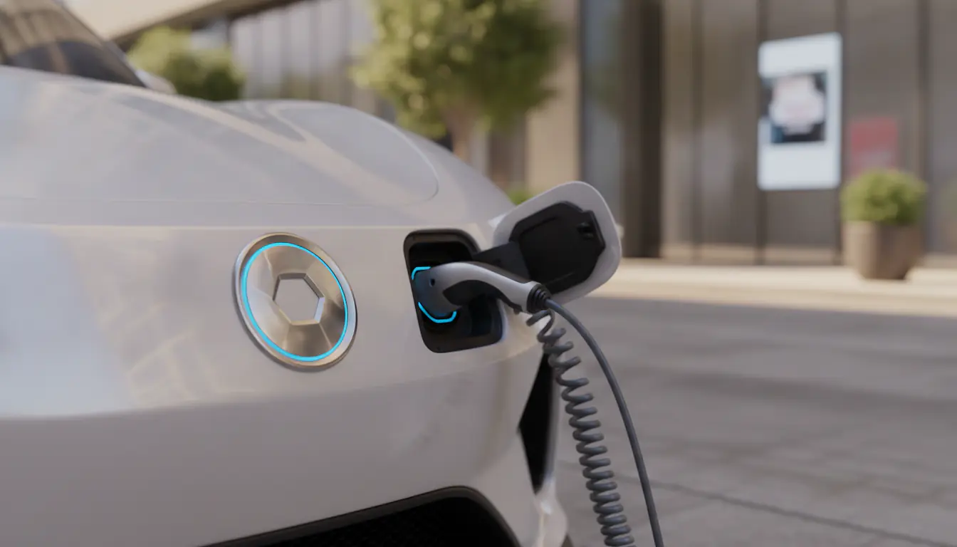 Voiture hybride moderne garée en ville, gros plan sur la carrosserie et la prise de recharge