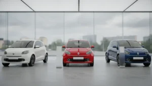 Trois citadines neuves alignées côte à côte dans un showroom automobile