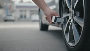 Main contrôlant la pression d'un pneu de voiture avec un manomètre numérique en station-service