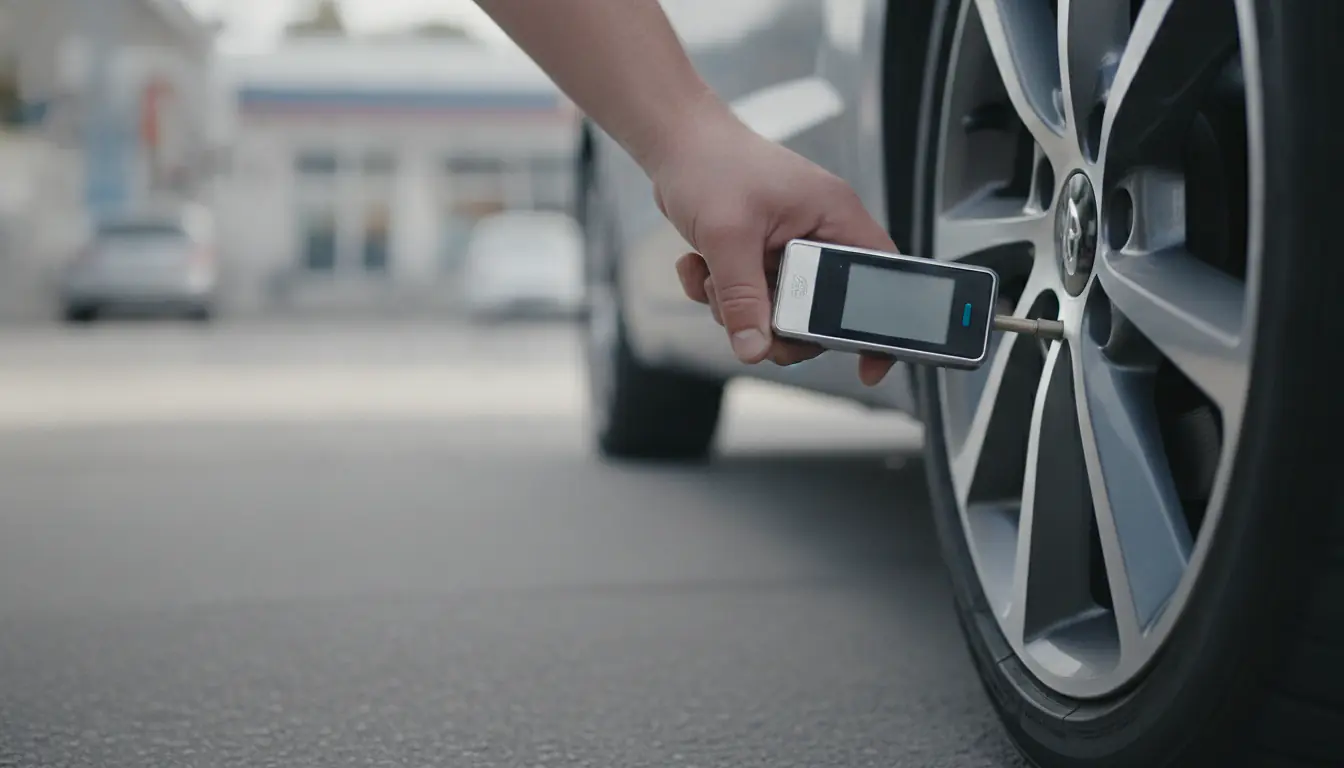 Main contrôlant la pression d'un pneu de voiture avec un manomètre numérique en station-service