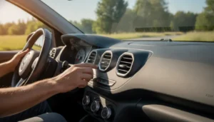 Main d'un conducteur réglant la climatisation sur le tableau de bord d'une voiture roulant en plein soleil