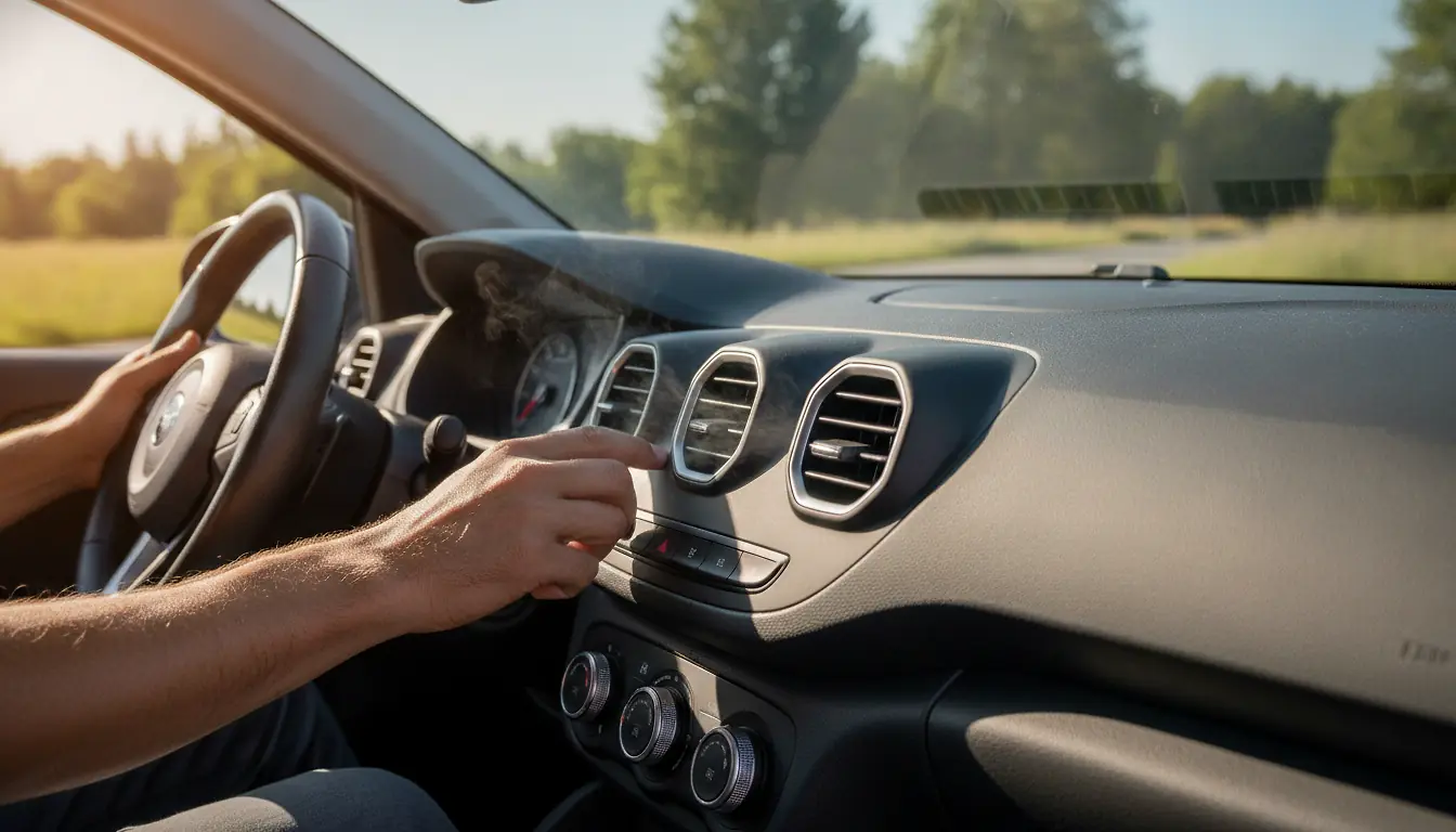 Main d'un conducteur réglant la climatisation sur le tableau de bord d'une voiture roulant en plein soleil